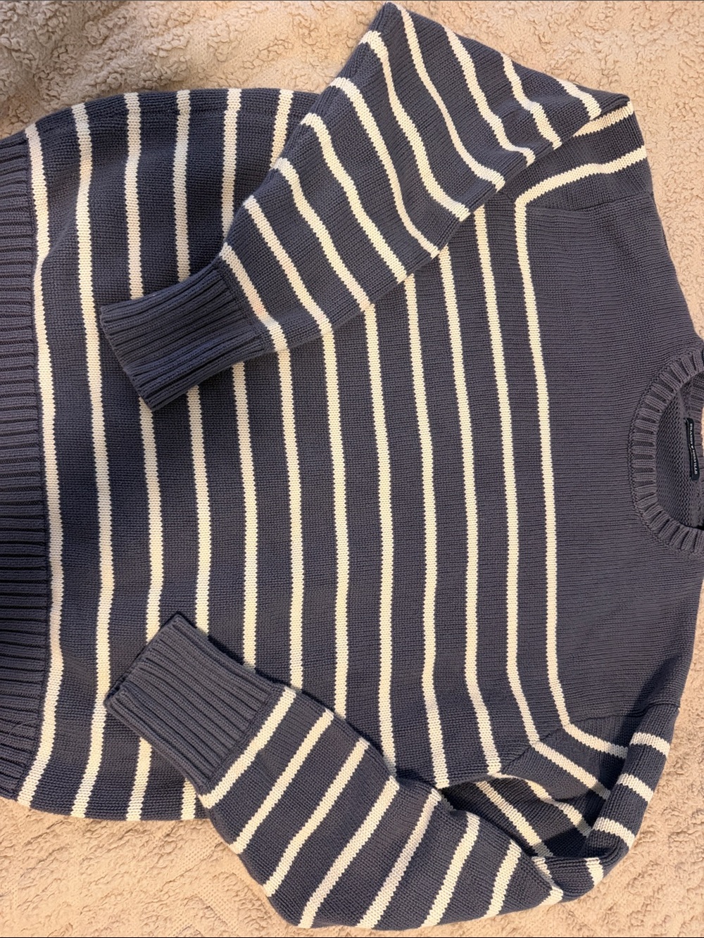 Brandy Melville Navy and Cream Striped Crewneck Sweater